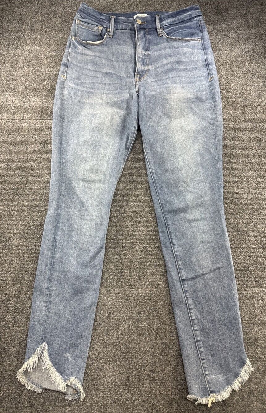 Good American Good Waist Jeans Women 12/31 Blue Raw Frayed Hem Stretch